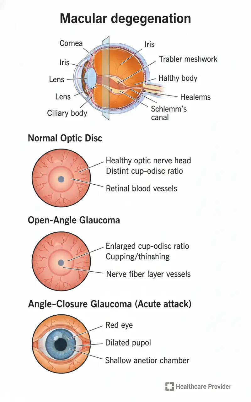 Infographic showing eye anatomy, normal optic disc, open-angle glaucoma with enlarged cup-disc ratio, and angle-closure glaucoma with red eye and dilated pupil.