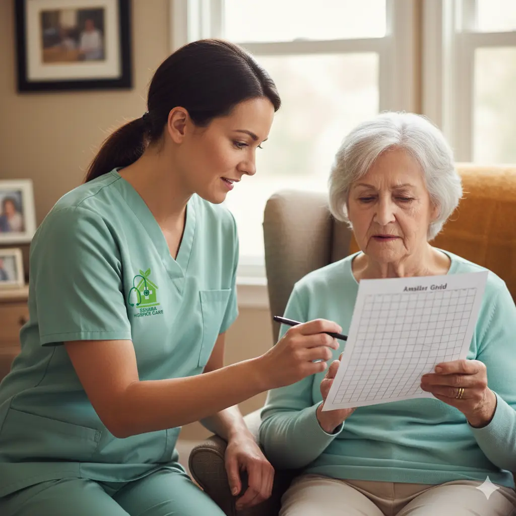 Hospice nurse assisting with vision testing for macular degeneration using an Amsler grid