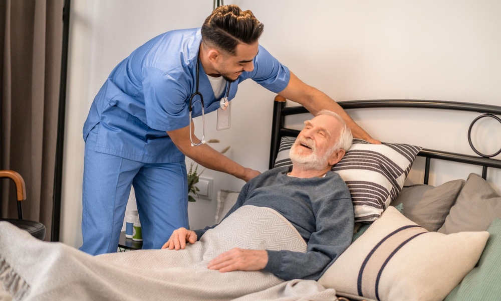 Doctor discussing hospice care options with family in hospital room